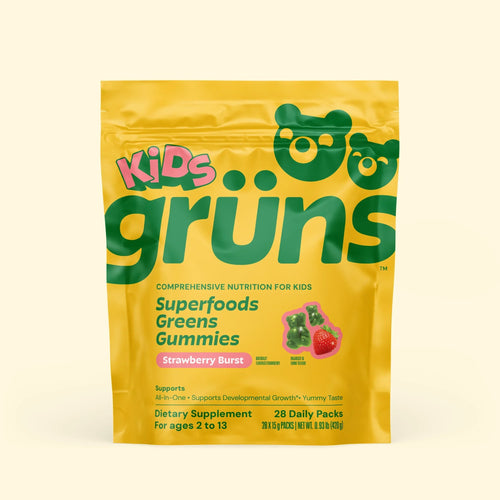 Grüns Kids Low Sugar Superfoods Greens Gummies, gummy bears, Strawberry Burst, pouch front view